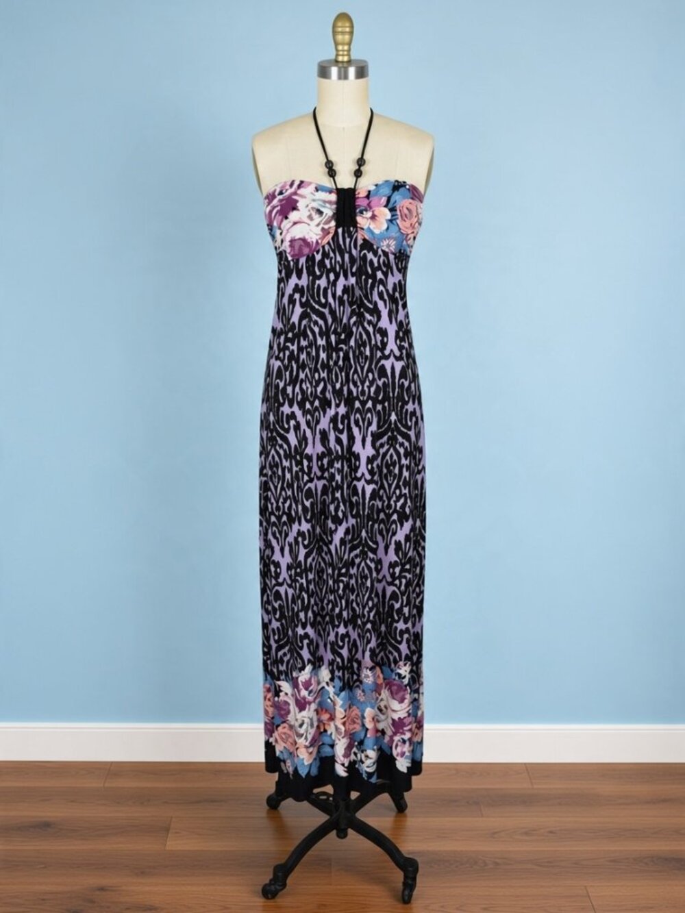 SAINT TROPEZ WEST FLORAL BAROQUE PRINT MAXI HALTER DRESS